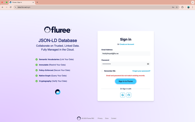 Fluree login form with a validation error