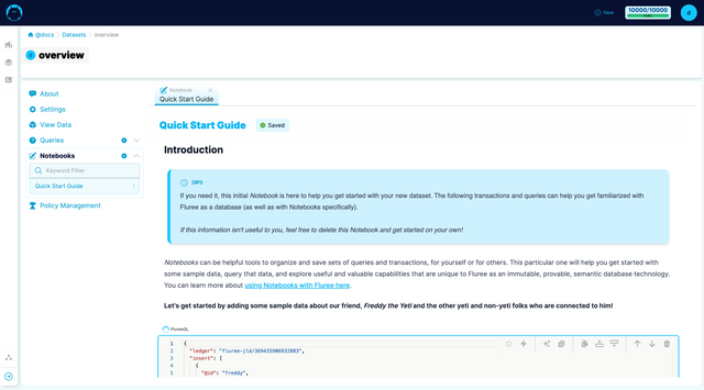 A view of the dataset management UI with the Quick Start Guide notebook open