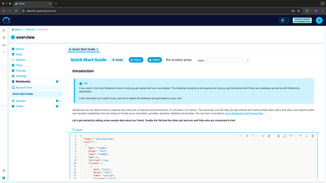 A view of the dataset management UI with the Quick Start Guide notebook open