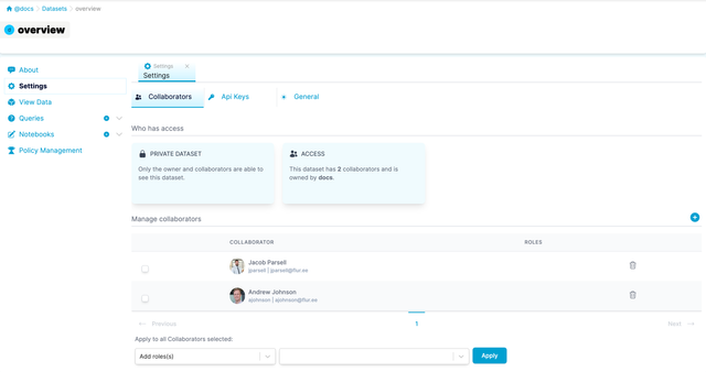 A view of the dataset management UI with the Settings Screen open